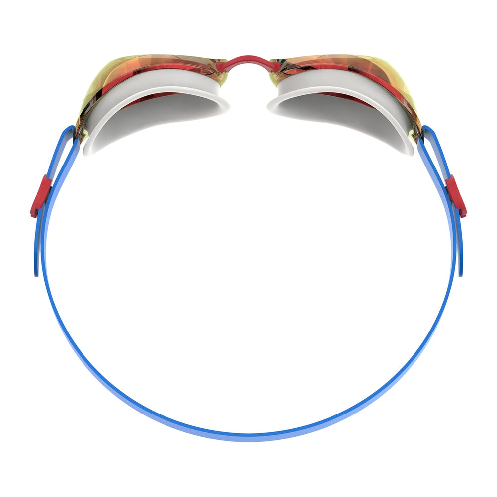 Speedo Junior Jet 2.0 mirrored swimming goggles in bondiblue, white, red, and flash orange for kids.