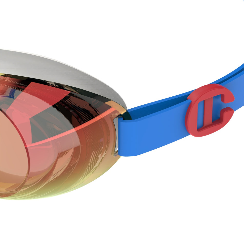 Speedo Junior Jet 2.0 mirrored swimming goggles in bondiblue, white, red, and flash orange with adjustable straps.