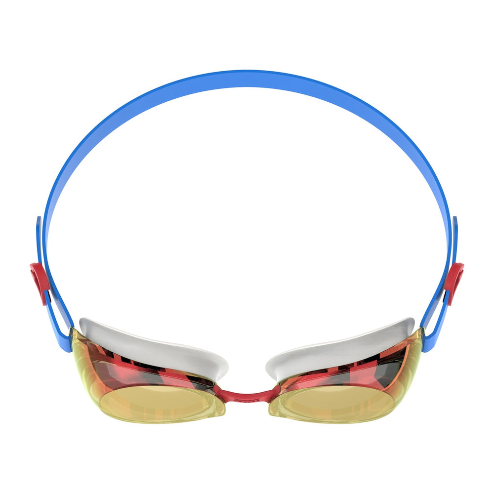 Speedo Junior Jet 2.0 mirrored goggles in Bondiblue, white, red, and flash orange with adjustable straps for kids' swimming.