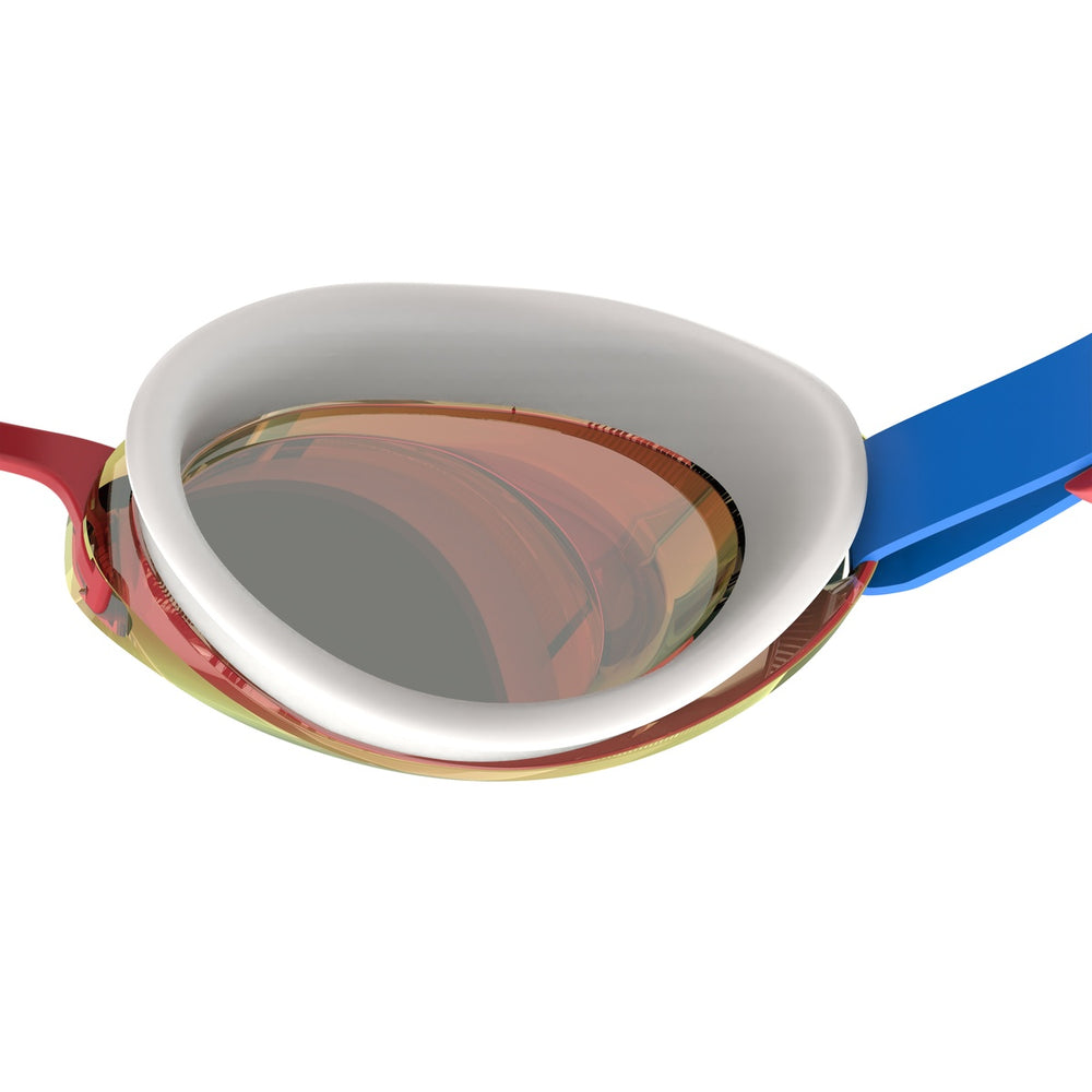 Speedo Junior Jet 2.0 mirrored swimming goggles in bondiblue, white, red, and flash orange, designed for young swimmers.