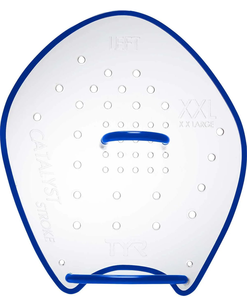 TYR Catalyst Stroke Training Paddle in clear, with ergonomic grip and large blade for swimming training, shown on a white background.