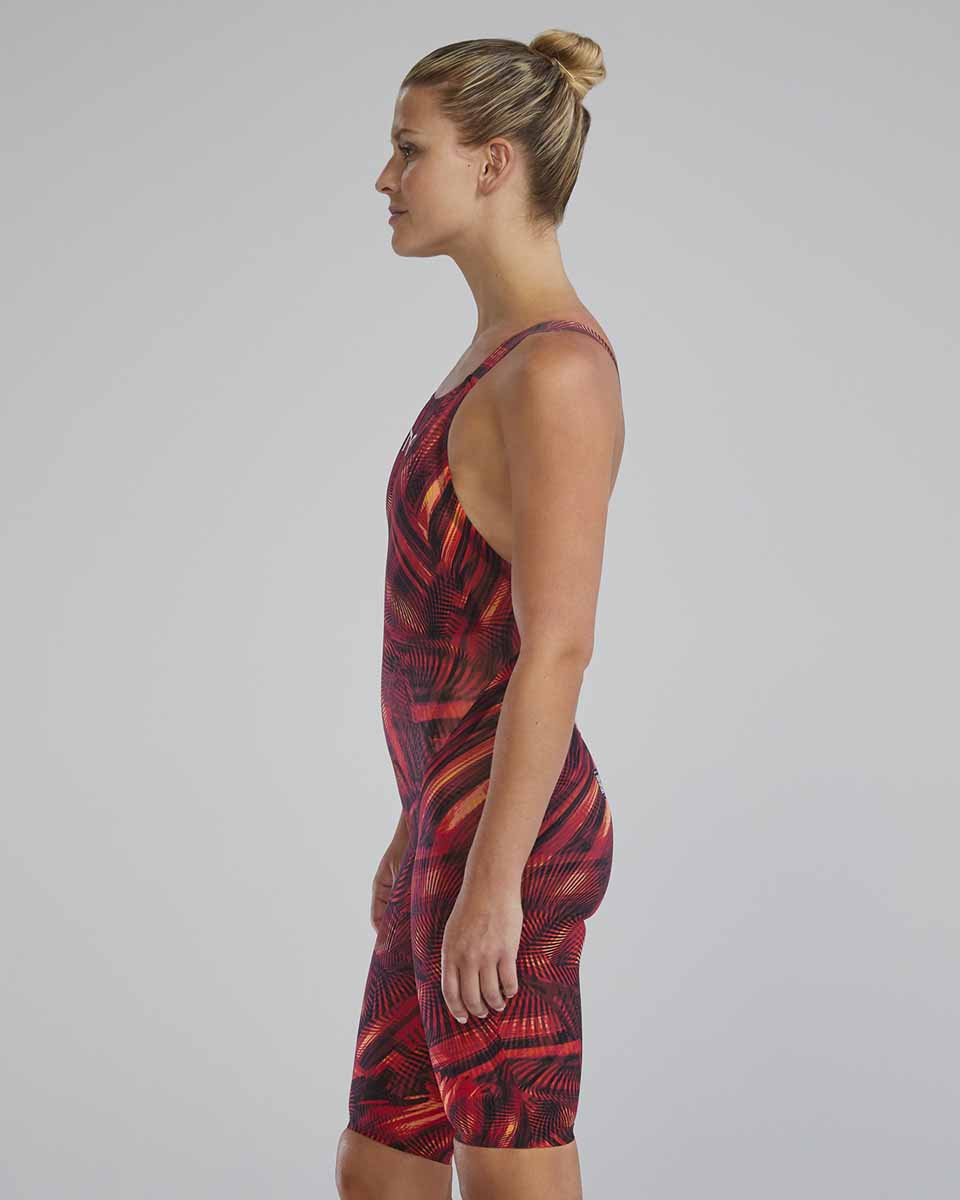 Red and orange TYR Avictor 2.0 Helux openback kneesuit for women, featuring a sleek design and high-performance swimwear style.