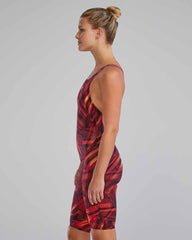 Red and orange TYR Avictor 2.0 Helux openback kneesuit for women, featuring a sleek design and high-performance swimwear style.