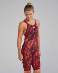 TYR Womens Avictor 2.0 Helux openback kneeskin swimsuit in red and orange with sleek design and open back style.