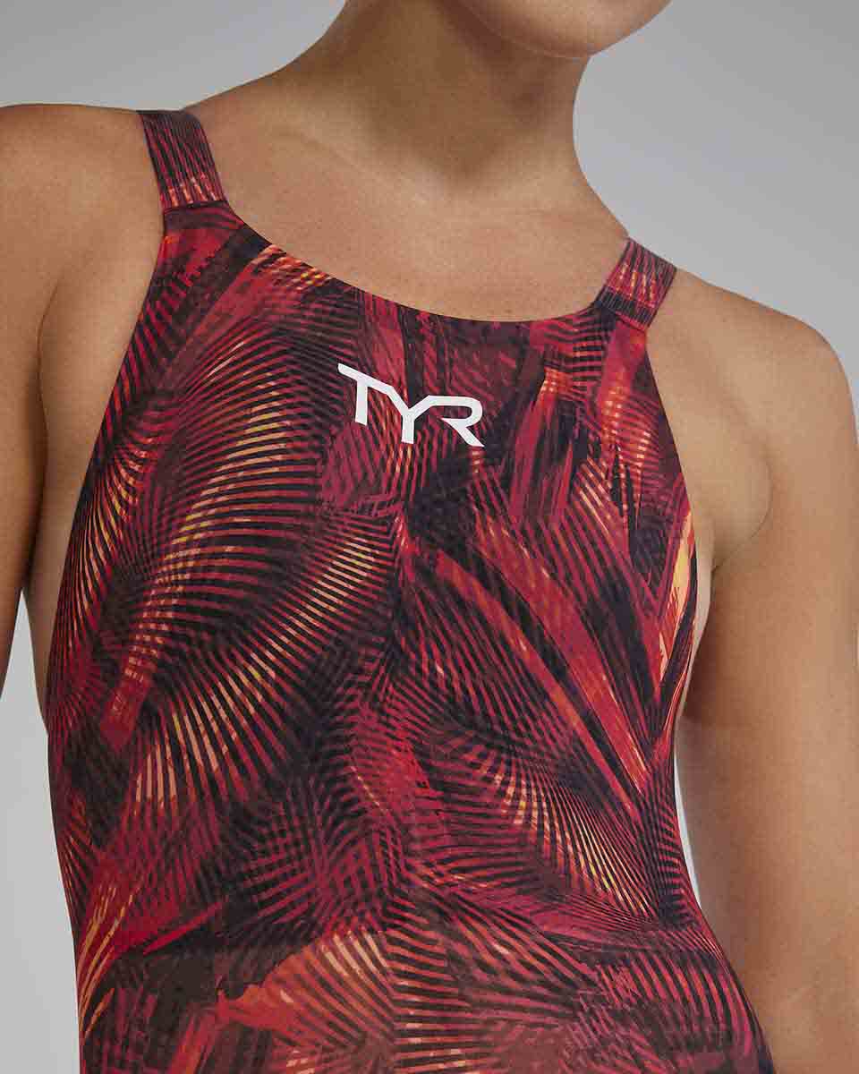 Red and orange TYR Womens Avictor 2.0 Helux openback kneeskin suit, showcasing sleek design and flexible fit for competitive swimming.