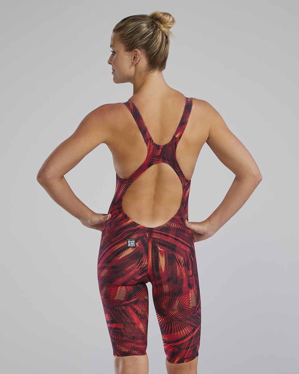 Red and orange TYR Avictor 2.0 Helux open-back women's kneesuit with sleek design, ideal for competitive swimming.