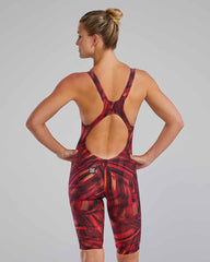 Red and orange TYR Avictor 2.0 Helux open-back women's kneesuit with sleek design, ideal for competitive swimming.