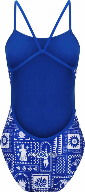 Amani Girls Bluesol Proback one-piece swimsuit in blue and white fabric, featuring a sporty design with a high back and moderate coverage.