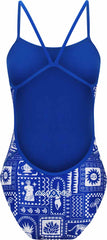 Amani Girls Bluesol Proback one-piece swimsuit in blue and white fabric, featuring a sporty design with a high back and moderate coverage.