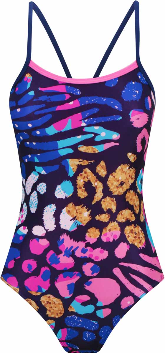 Amani Girls Nomara Proback one-piece swimsuit in multi-color with stylish straps, perfect for swimming and active beach days.