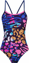 Amani Girls Nomara Proback one-piece swimsuit in multi-color with stylish straps, perfect for swimming and active beach days.
