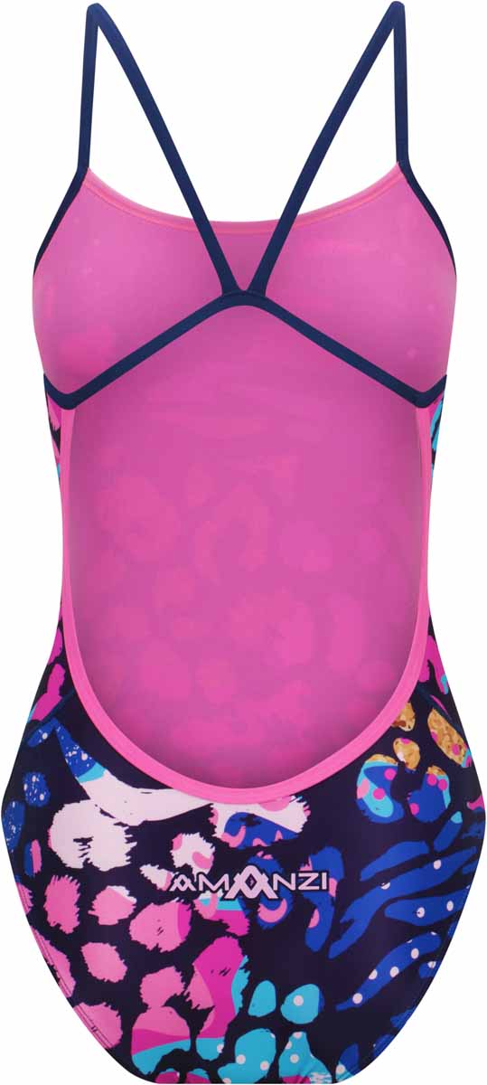 Amani Girls Nomara Proback one-piece swimsuit in multi-color with a sporty design and secure fit, perfect for swimming and beach days.