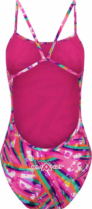 Amani Womens Skylark Proback one-piece swimsuit in multi-color with a sleek fit and supportive design, displayed on a mannequin.