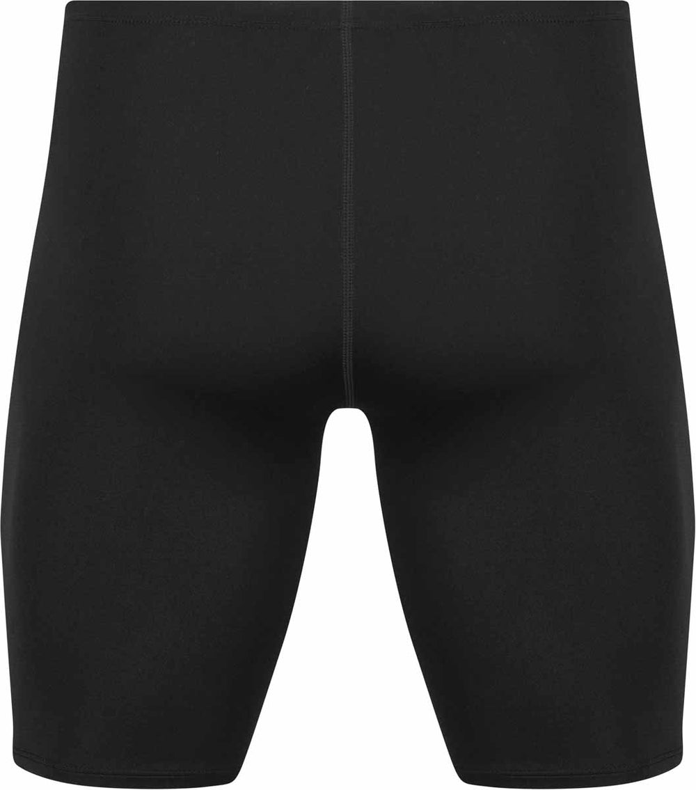 Amanzi men's Jet jammer in black, showcasing a sleek swimwear design with the brand logo on the side.