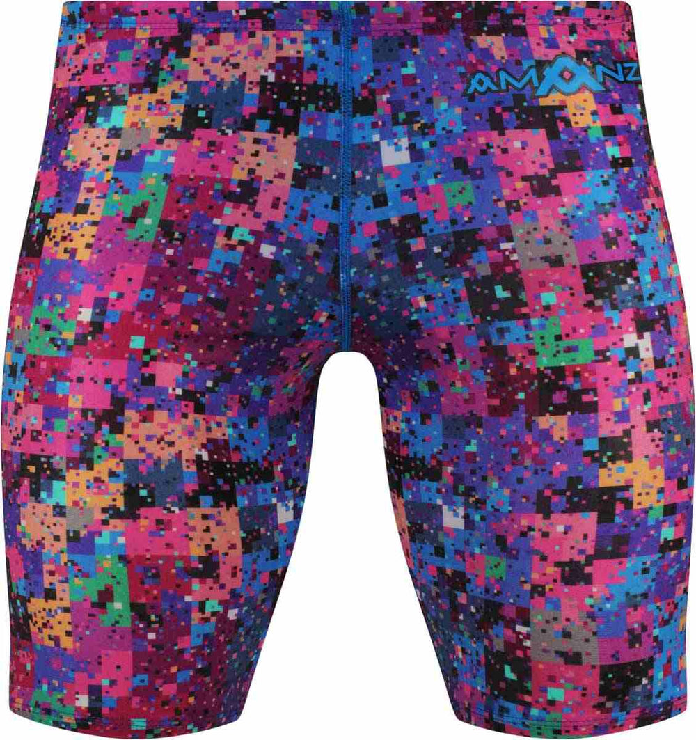 Amanzi men's Techtonik jammer in multi-color with bold geometric patterns, designed for competitive swimming and training.