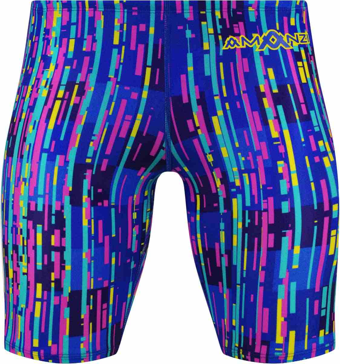 Amanzi men's Cypher jammer in multi-colored design, made for swimming and active wear, shown on a plain background.