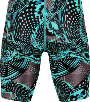 Amanzi men's Hyperdrive jammer in multi-color, close-up view showing sleek fabric and design for competitive swimming.