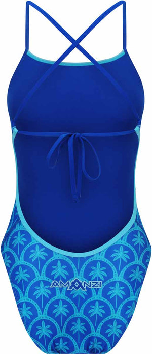 Amani Girls Arcana blue one-piece swimsuit with tie-back detail, suitable for swimming and beachwear.