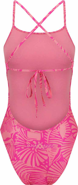 Pink Amanzi girls' Seaflair tie-back one-piece swimsuit with ruffle details and a stylish design for young swimmers.