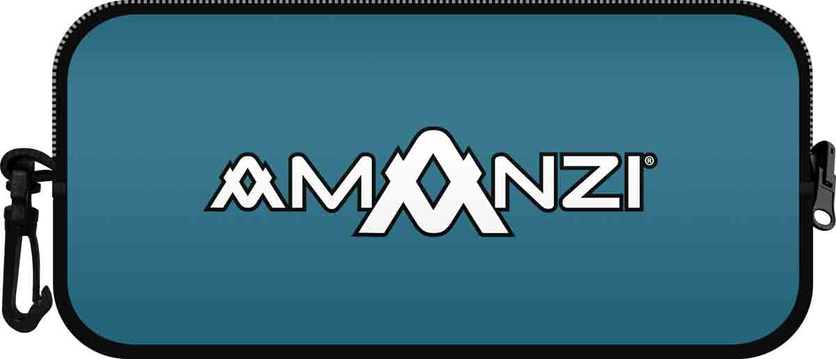Blue Amanzi Bermuda neoprene goggle case with zip closure, designed for protecting goggles during storage and travel.