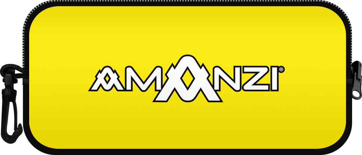 Yellow Amanzi Sunshine neoprene goggle case, compact and padded, designed for protecting swimming goggles and accessories.
