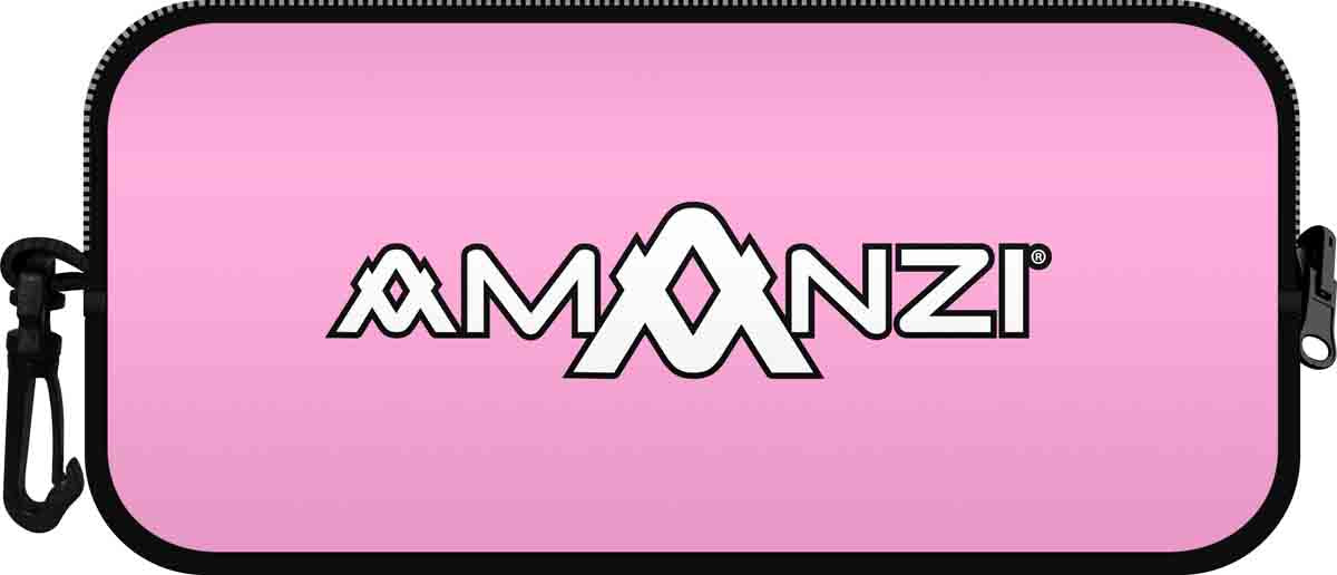 Amanzi Candy neoprene goggle case in pink with a colorful candy pattern, designed to protect sports goggles.
