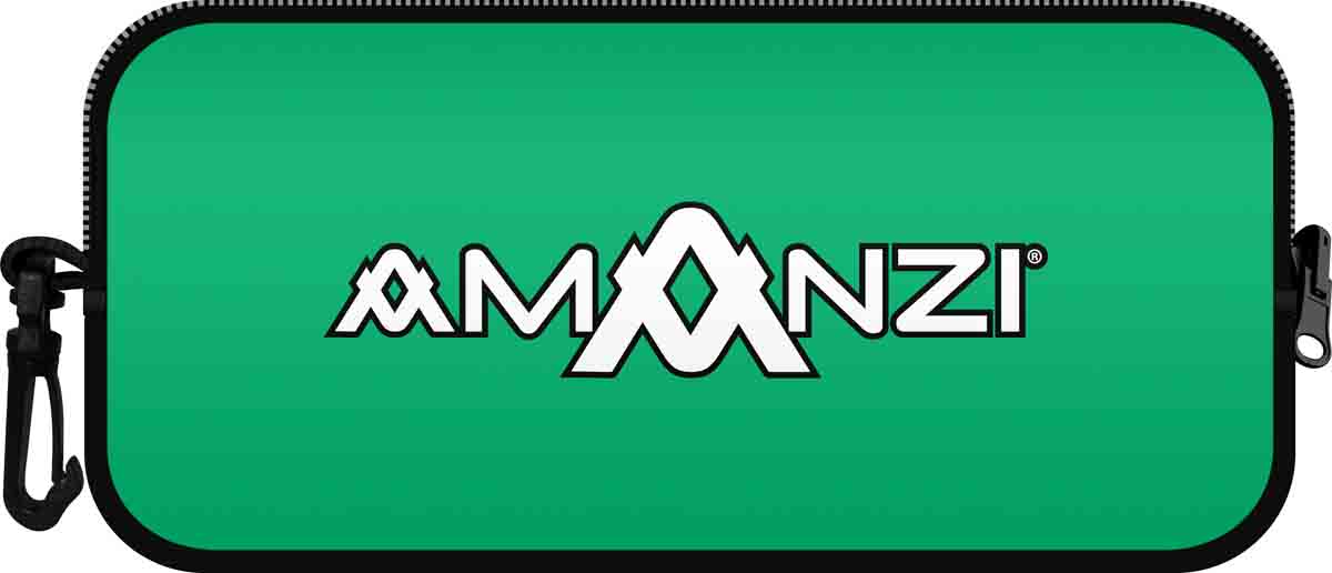 Amanzi Emerald neoprene goggle case in vibrant green with soft padding, designed for protecting goggles during travel.