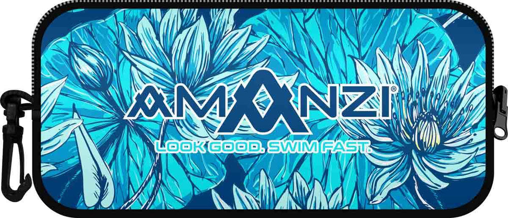 Amanzi Lillybelle neoprene goggle case in blue with a smooth, protective design for storing swimming goggles.