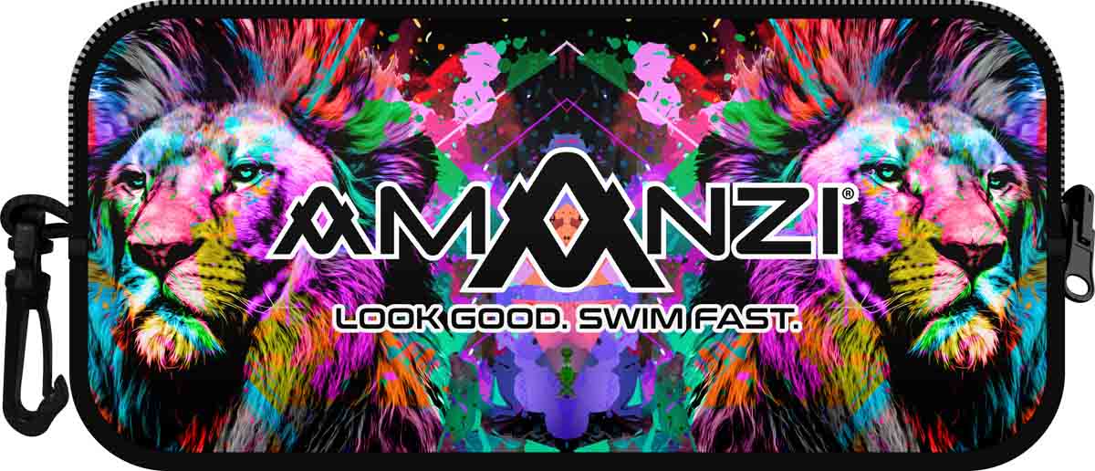 Amanzi Primal neoprene goggle case in multi-color design, protective case for goggles with soft interior and durable exterior.