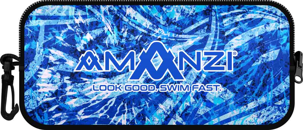 Amanzi Arctic neoprene goggle case in blue, designed to protect and store goggles with a soft, durable material.