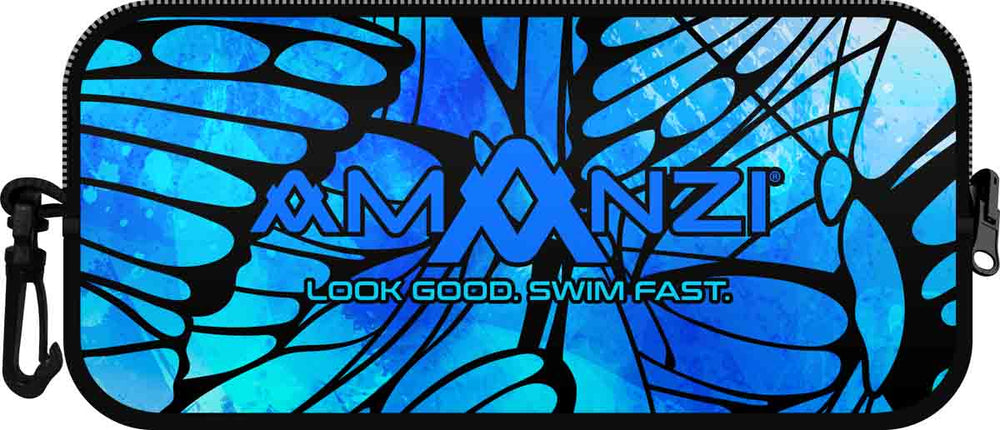 Amanzi Monarch blue neoprene goggle case with zipper closure, designed to protect and store goggles securely.