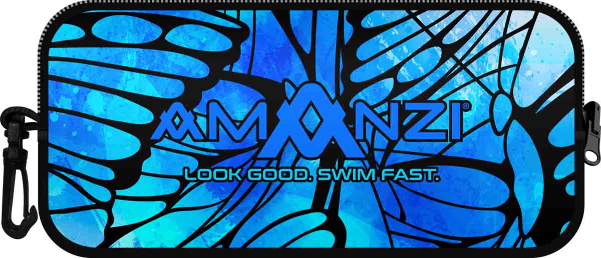 Amanzi Monarch blue neoprene goggle case with zipper closure, designed to protect and store goggles securely.