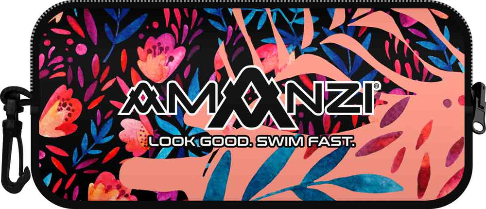 Amanzi Toscana neoprene goggle case in multi-color, designed to protect and store swimming goggles.