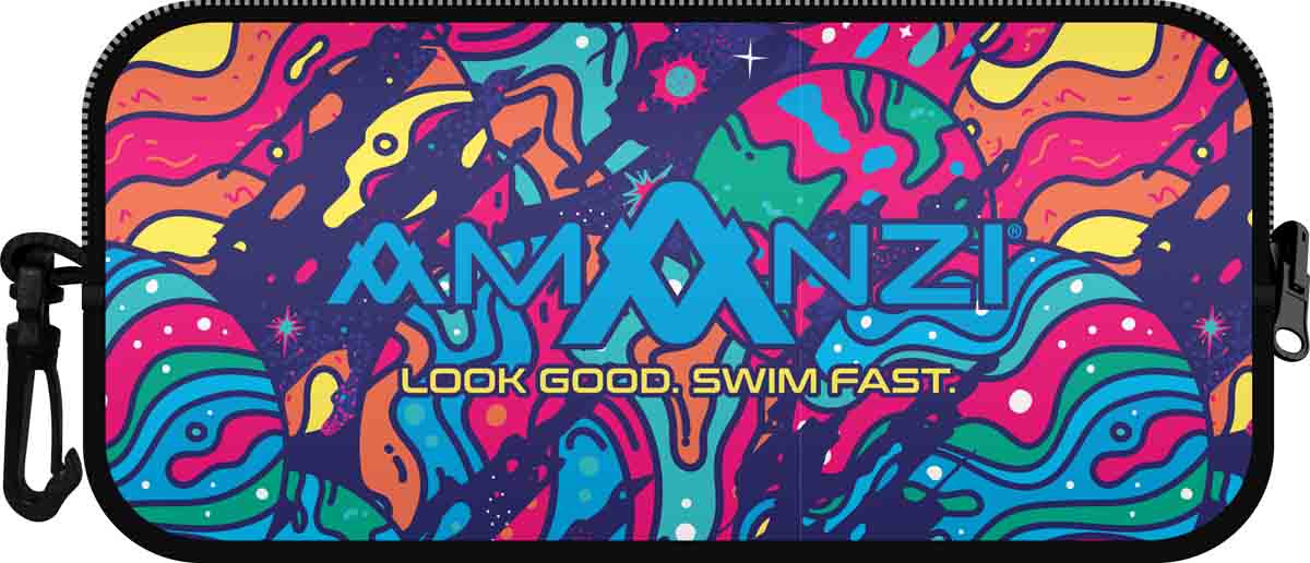 Amanzi Galactic neoprene goggle case in vibrant galaxy print, designed to protect and store swimming goggles.