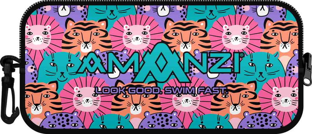 Amanzi Wild Catz neoprene goggle case in multi-color with playful cat design, durable and protective for goggles.