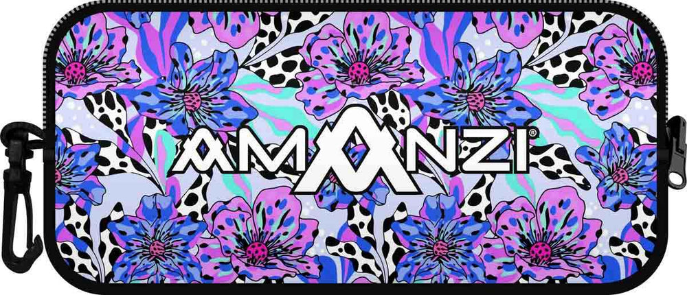 Amanzi Wildflower neoprene goggle case with colorful floral pattern, designed to protect goggles from scratches and damage.