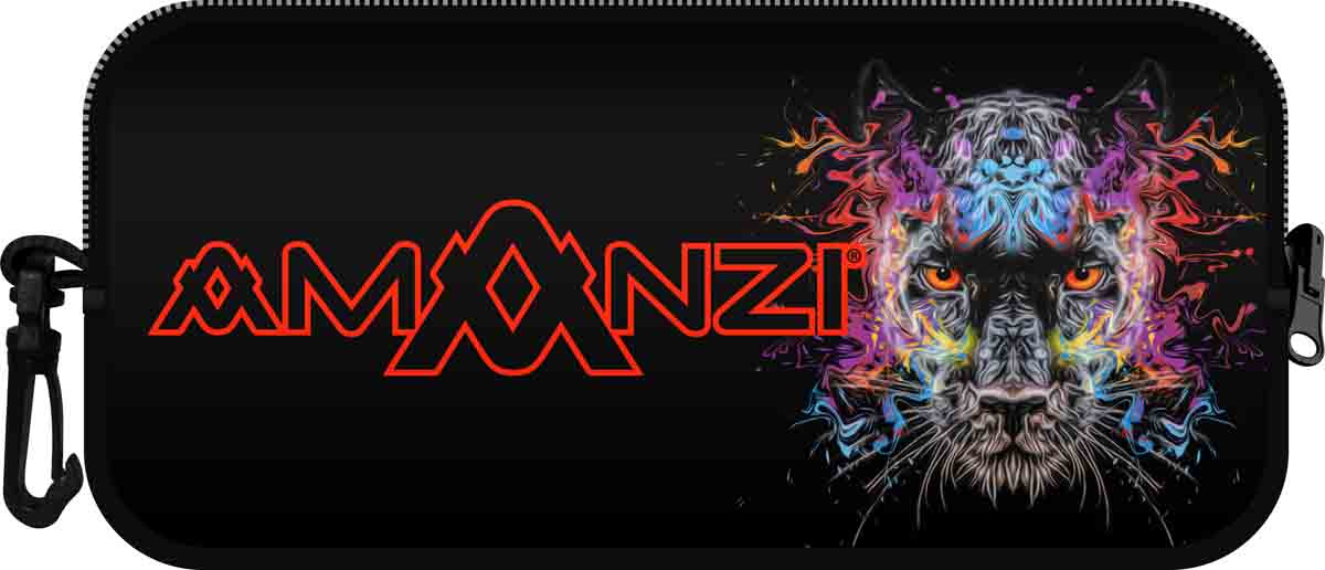 Amanzi Prowler neoprene goggle case in multi-color, designed to protect and store goggles securely.