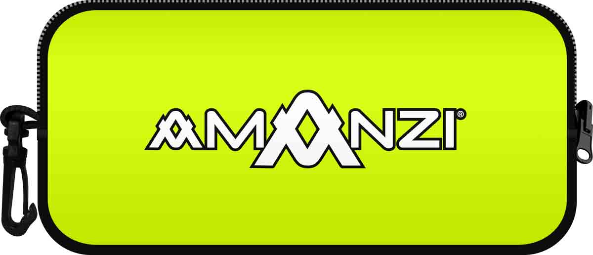 Amanzi Glow neoprene goggle case in bright yellow with secure zipper closure, designed for storing and protecting goggles.