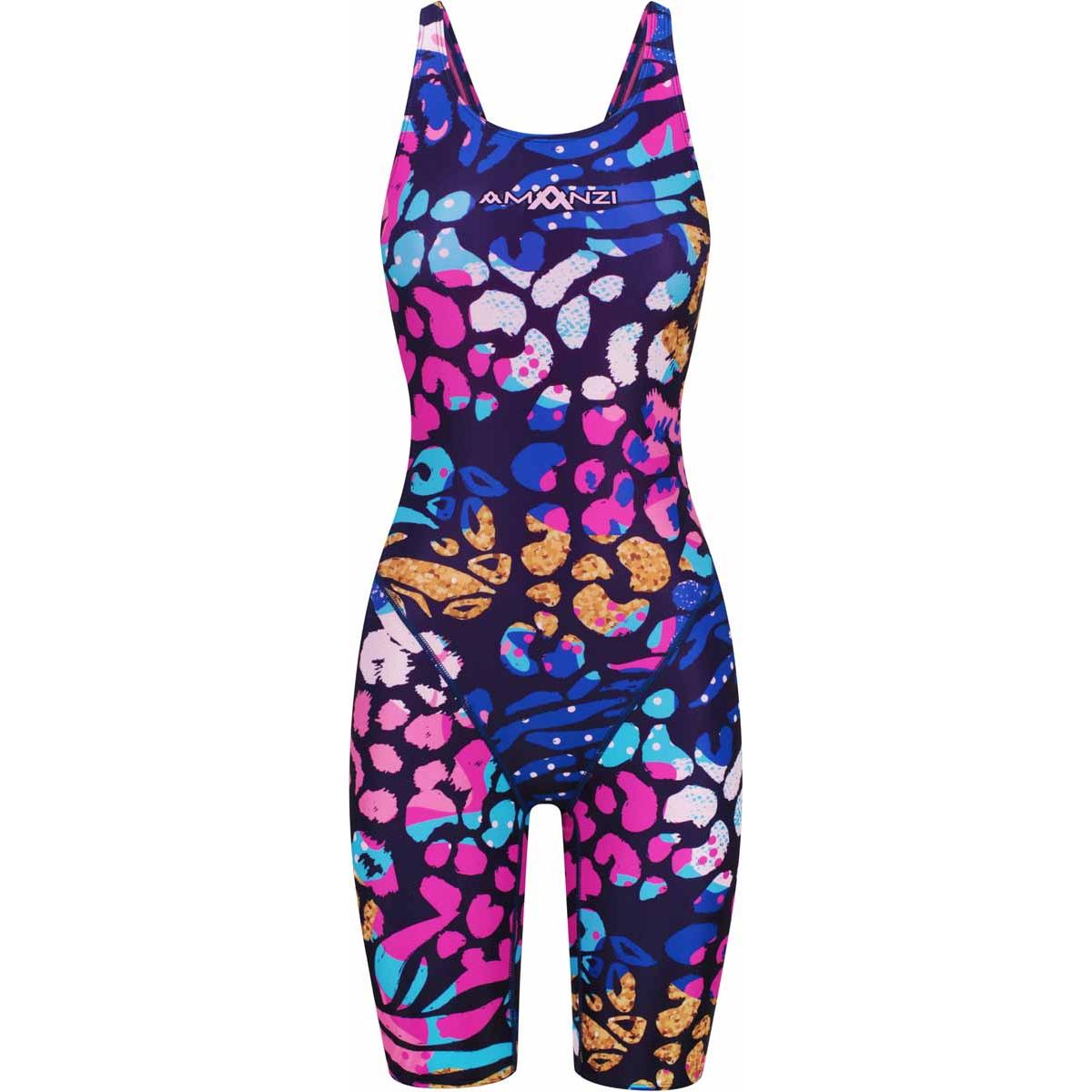 A woman wearing the Amanzi Nomara Active Kneesuit in multi-color, showing the fitted athletic design and vibrant pattern.