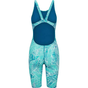 Amanzi Girls Aloha Active Kneesuit in blue, featuring vibrant tropical print and long sleeves, perfect for swimming and water activities.