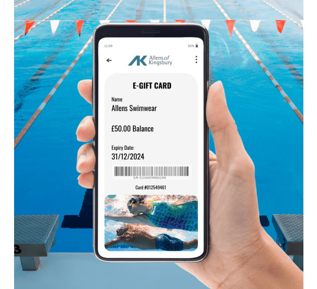 Allens Swimwear gift card featuring the brand logo and elegant design, perfect for gifting swimwear or accessories.