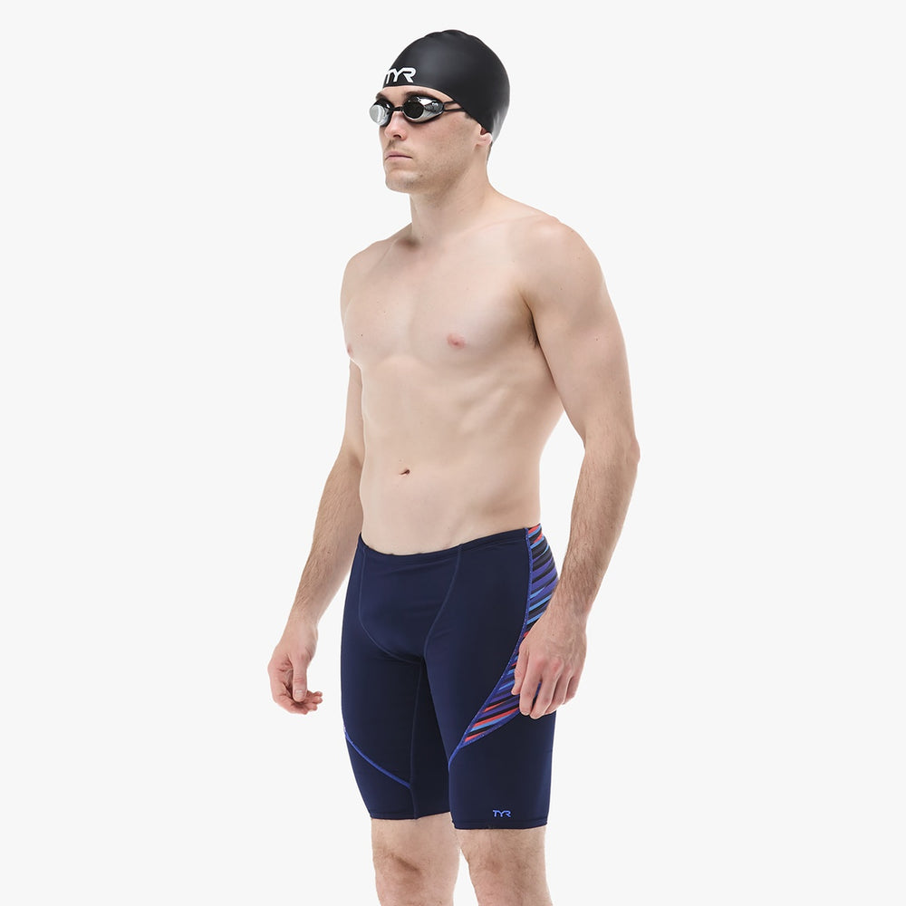 TYR men's Zollner Curve Splice jammer in navy, red, and blue, featuring a sleek swim jammer design with colorful splice details.