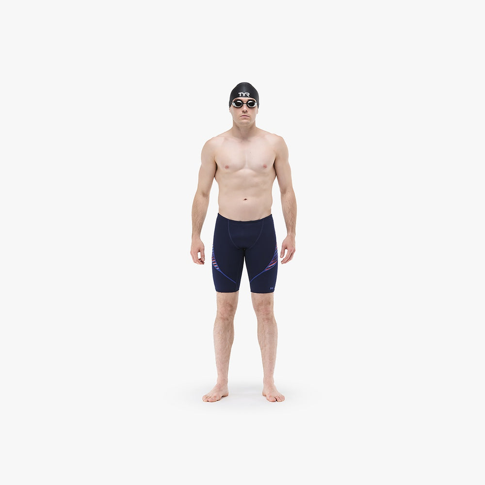 TYR men's Zollner Curve Splice jammer swimsuit in navy, red, and blue with a sleek design and comfortable fit.