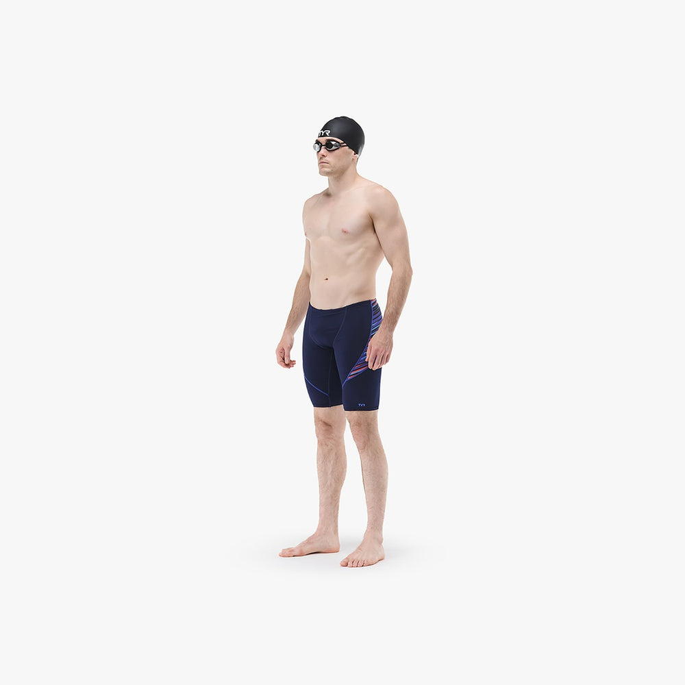 TYR men's Zollner Curve Splice jammer swimwear in navy, red, and blue with a sleek design and comfortable fit for competitive swimming.