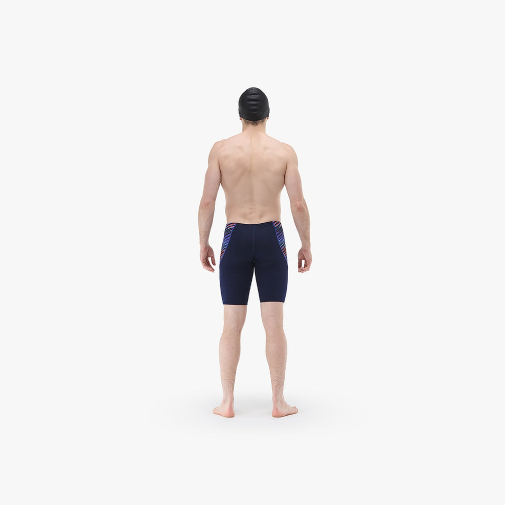 TYR men's Zollner Curve Splice jammer swimsuit in navy, red, and blue with a streamlined design for competitive swimming.