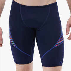 TYR men's Zollner Curve Splice jammer in navy, red, and blue showing the sleek swimwear design and colorful splice details.