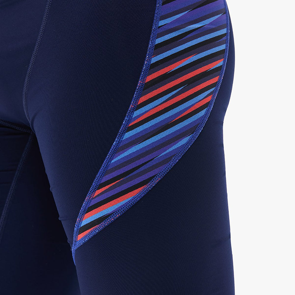 TYR men's Zollner Curve Splice jammer in navy, red, and blue with a sleek design for competitive swimming.