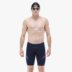 TYR men's Zollner Curve Splice jammer in navy, red, and blue with a sleek design, suitable for competitive swimming.