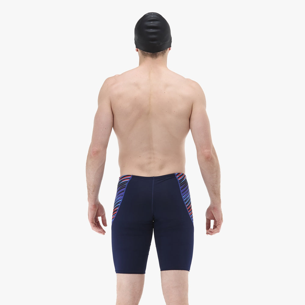 TYR men's Zollner Curve Splice jammer swimsuit in navy, red, and blue with a streamlined design for competitive swimming.