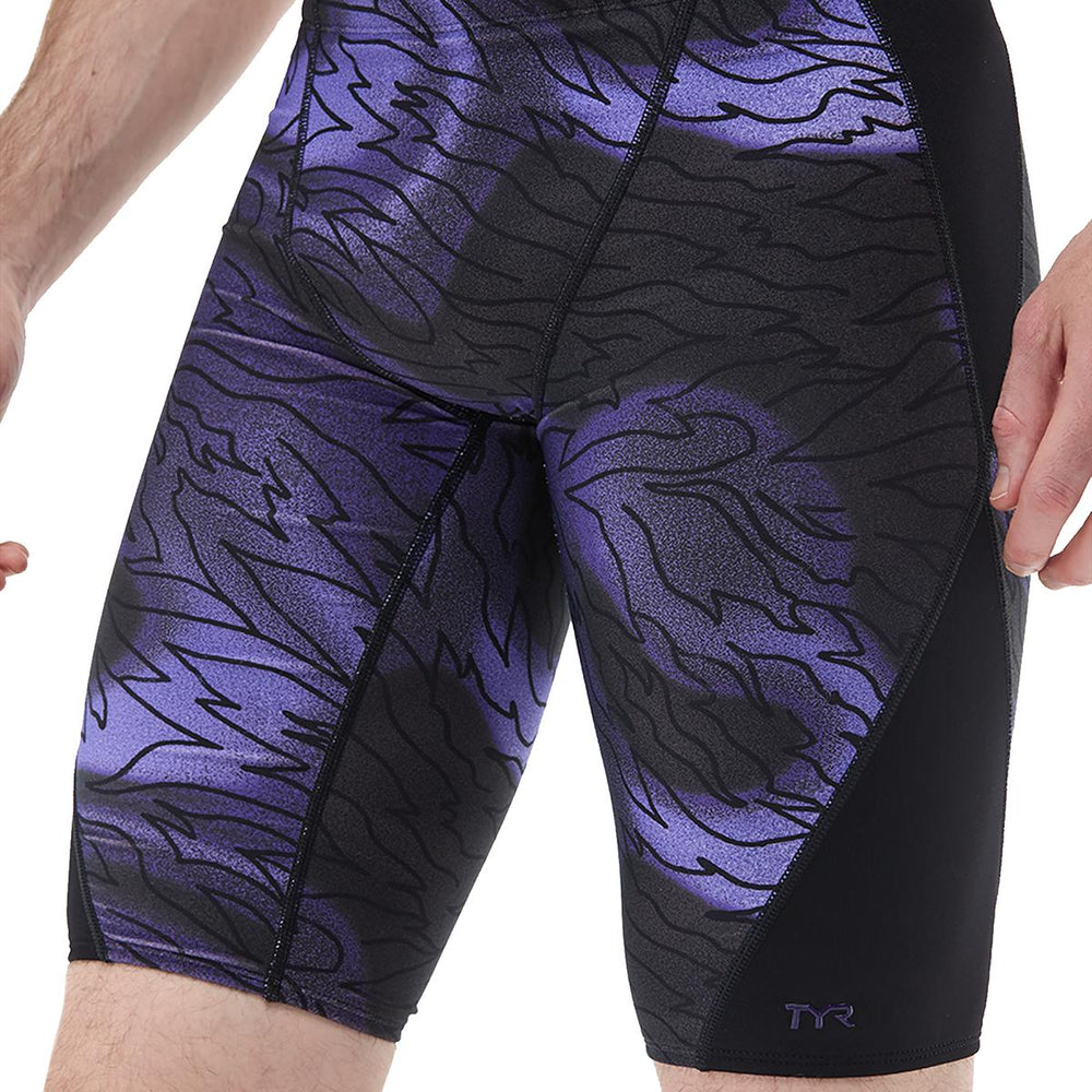 TYR men's Hodori jammer in smoke and black, showing a close-up of the athletic swim jammer with branding details.